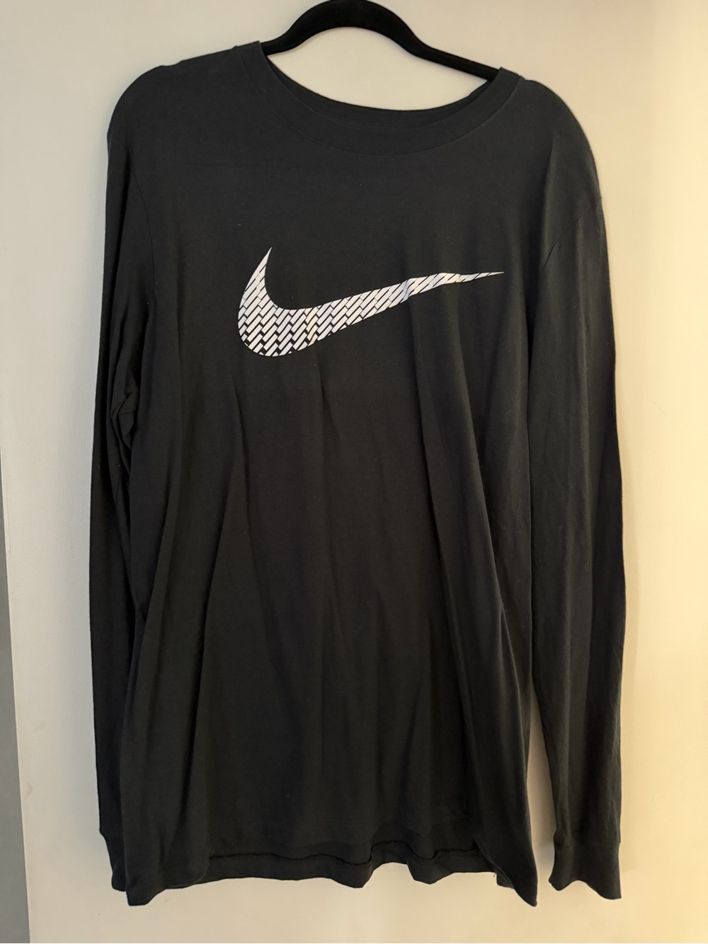 Nike Black Long-Sleeve Tee with White Patterned Swoosh